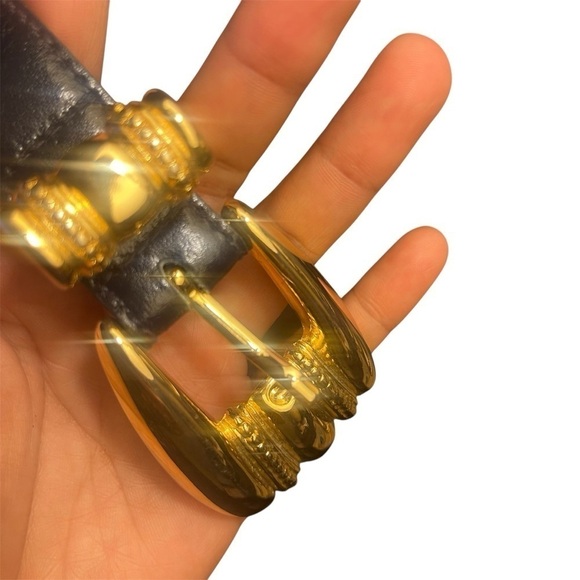 Vintage Luigi Lanatta Black Leather Belt with Gold and Silver Buckle size 34 - Picture 2 of 8